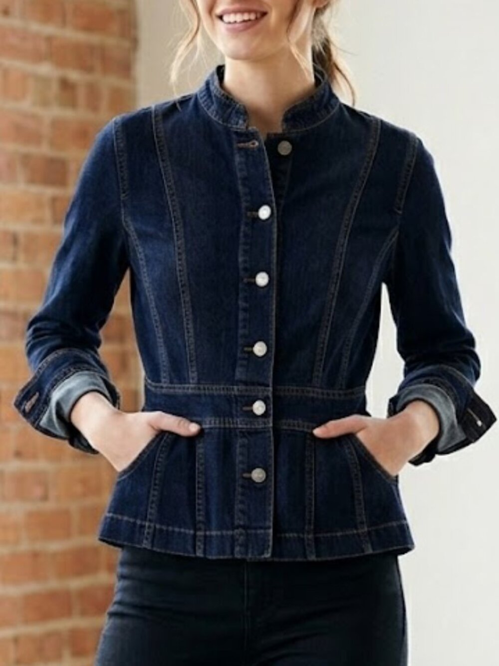 Vintage-Style Imitz Jeans Denim Jacket - Dark Wash Peplum Cut Size 38